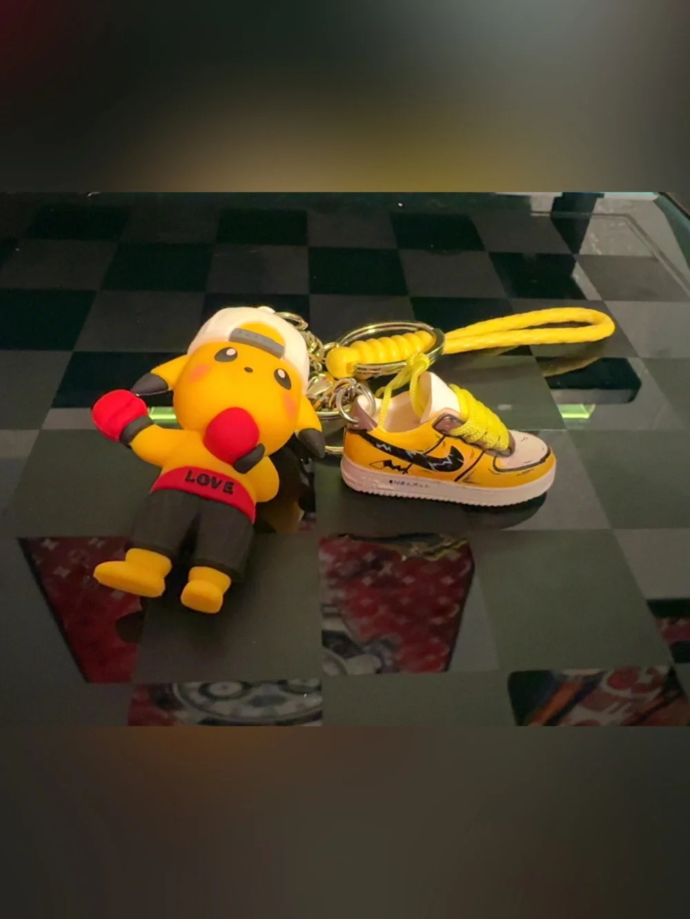 Yellow Pikachu Boxing Keychain with Mini Yellow NIKE Sneaker Charm